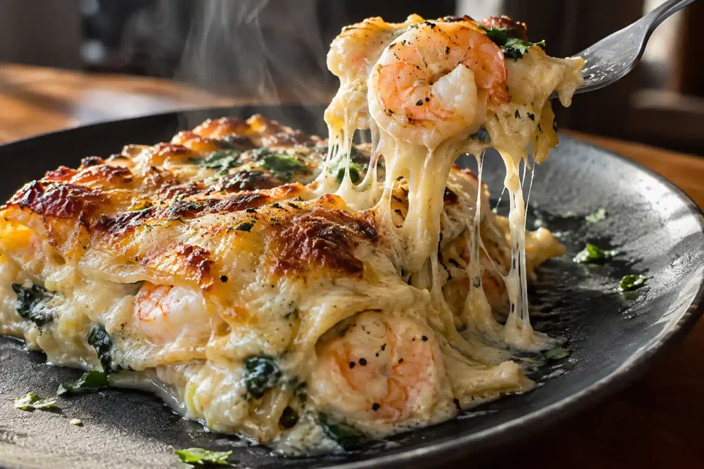 Forkful of shrimp lasagna lifted showing shrimp and creamy sauce layers