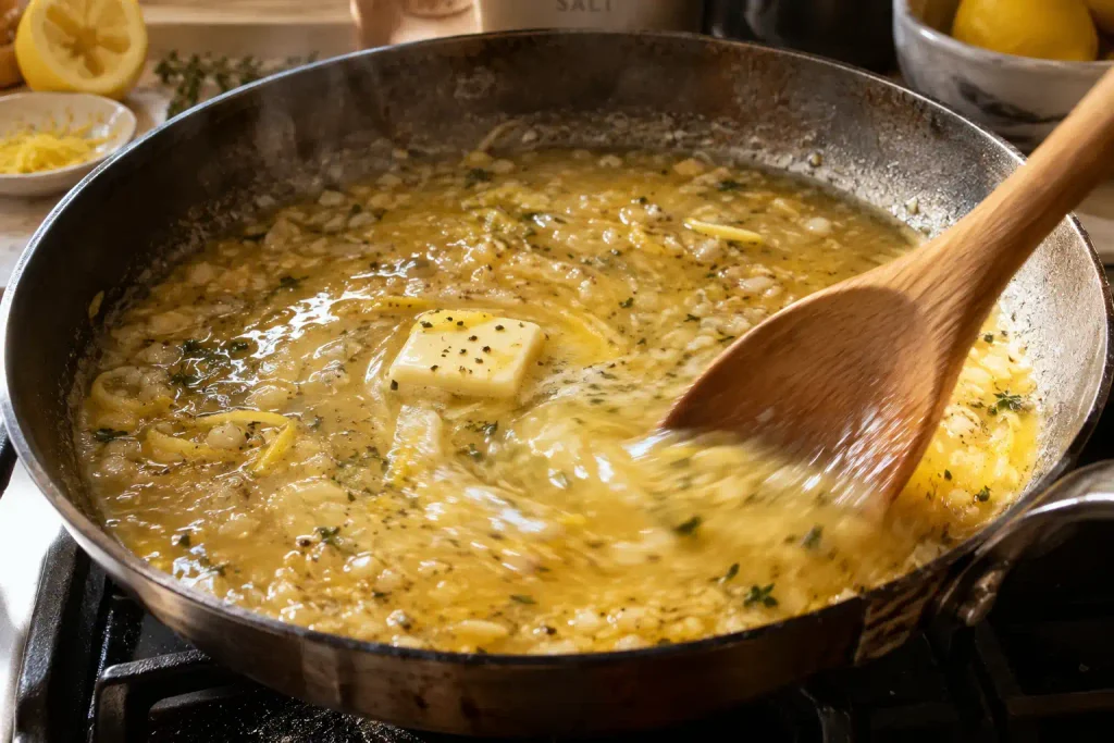 Shrimp Scampi Recipe: Juicy Shrimp and Linguine in 40 Minutes 5 Cold butter swirling into a garlic lemon sauce for shrimp linguine, glossy and pale gold in a skillet