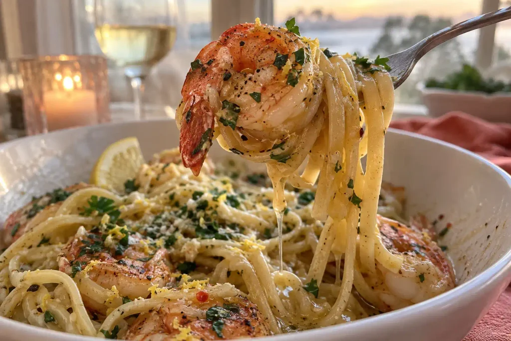 Shrimp Scampi Recipe: Juicy Shrimp and Linguine in 40 Minutes 6 Fork lifting linguine and a juicy shrimp from a bowl of lemon garlic shrimp pasta, close up