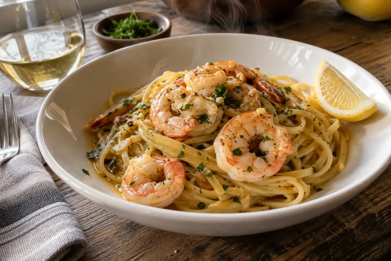 Shrimp Scampi Recipe: Juicy Shrimp and Linguine in 40 Minutes 7 Shrimp scampi with linguine, pink shrimp and parsley in a white bowl with a lemon wedge