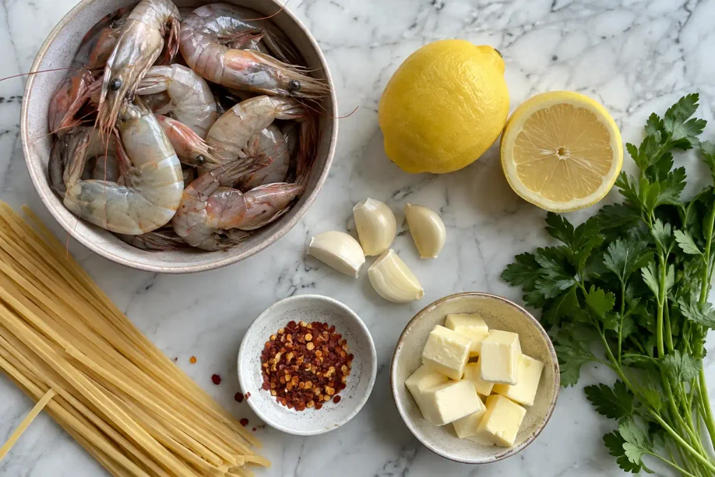 Shrimp Scampi Recipe: Juicy Shrimp and Linguine in 40 Minutes 2 Ingredients for homemade shrimp scampi laid out flat: shell-on shrimp, linguine, lemon, garlic and butter