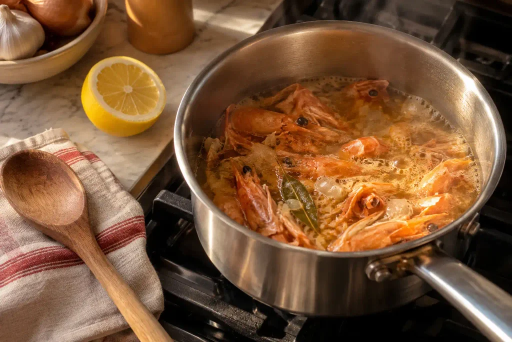 Shrimp Scampi Recipe: Juicy Shrimp and Linguine in 40 Minutes 3 Toasted shrimp shells simmering in broth in a small saucepan, the base of the shrimp scampi sauce
