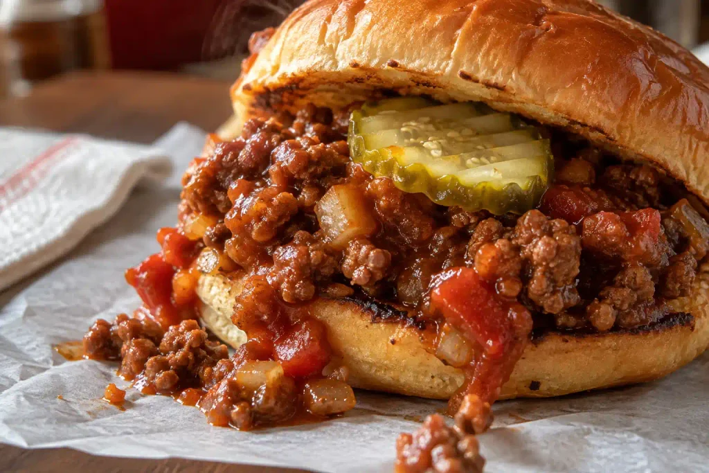 Ground Beef Recipes: 12 Hearty Dinners for Weeknights and Weekends 4 Sloppy joe on a toasted bun with tomato beef spilling out and a pickle slice