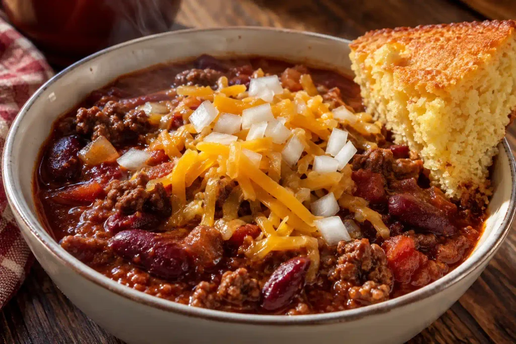 Ground Beef Recipes: 12 Hearty Dinners for Weeknights and Weekends 13 Bowl of slow cooker beef chili with cheddar, onion and cornbread