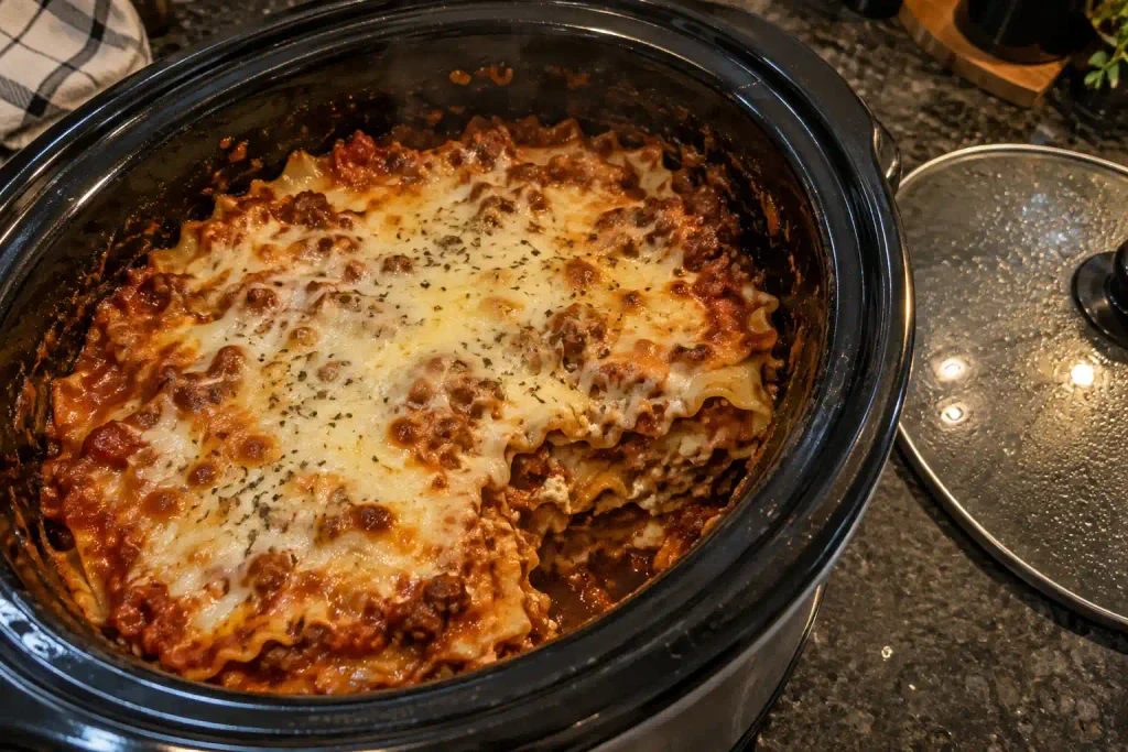 Overhead view of finished lasagna layers inside an open slow cooker