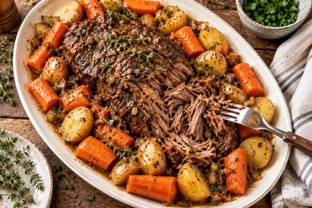 Dinner Ideas: 12 Easy Recipes for Fast Nights and Slow Ones 13 Slow cooker pot roast with carrots and potatoes on a platter as a fork pulls the beef apart