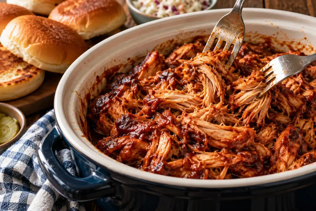 Dinner Ideas: 12 Easy Recipes for Fast Nights and Slow Ones 12 Two forks shredding slow cooker pulled chicken in glossy barbecue sauce beside toasted buns