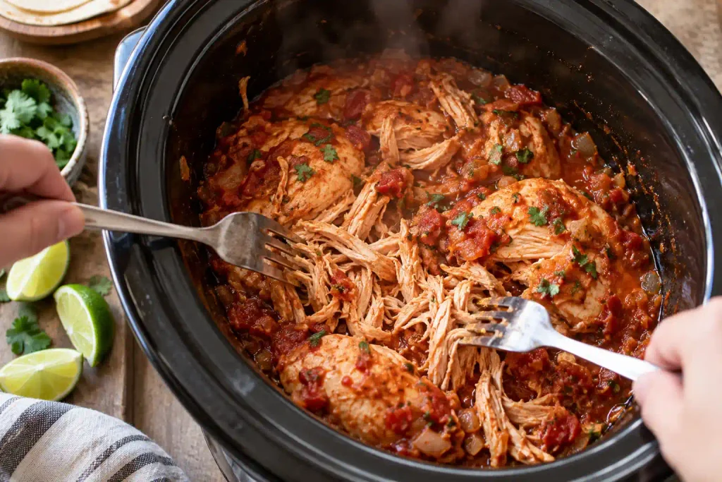 Chicken Breast Recipes: 12 Juicy Ways to Fix Weeknight Dinner 11 Forks shredding salsa chicken breast inside a slow cooker insert