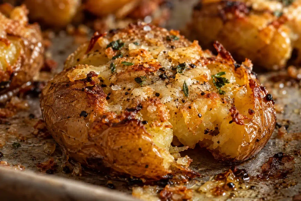 Smashed Potatoes Recipe, 7 Ingredients and Crispy Every Time 5 Close up of a crispy edge on garlic smashed potatoes with melted parmesan