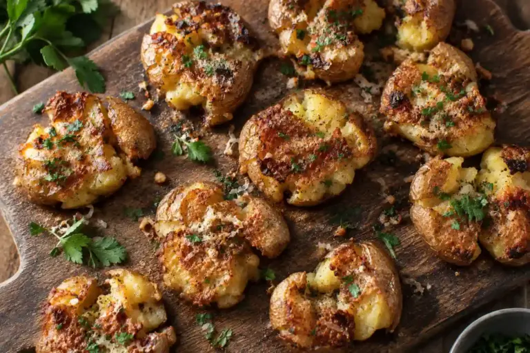 Smashed Potatoes Recipe, 7 Ingredients and Crispy Every Time 1 Board of crispy golden smashed potatoes topped with parmesan and fresh parsley