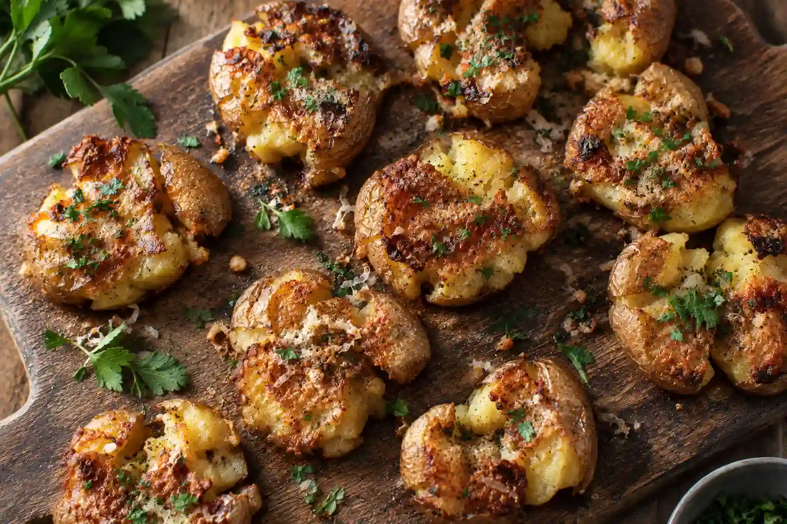 Smashed Potatoes Recipe, 7 Ingredients and Crispy Every Time 7 Board of crispy golden smashed potatoes topped with parmesan and fresh parsley