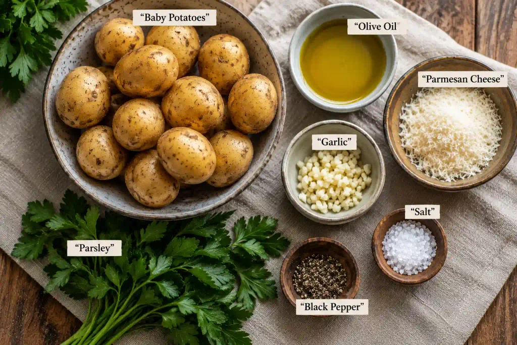 Smashed Potatoes Recipe, 7 Ingredients and Crispy Every Time 2 Raw baby potatoes and ingredients for smashed potatoes recipe laid out on linen