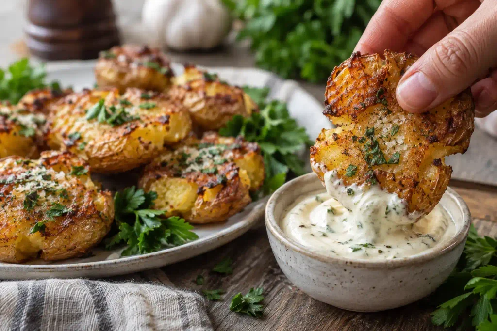 Smashed Potatoes Recipe, 7 Ingredients and Crispy Every Time 6 Dipping an easy smashed potato into garlic aioli at the table