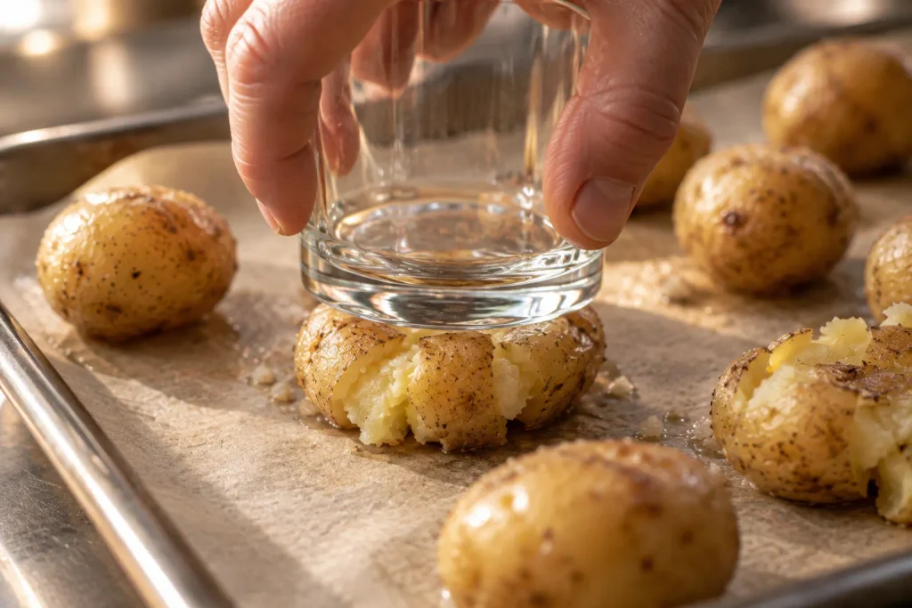 Smashed Potatoes Recipe, 7 Ingredients and Crispy Every Time 4 Hand smashing a boiled potato flat for homemade smashed potatoes