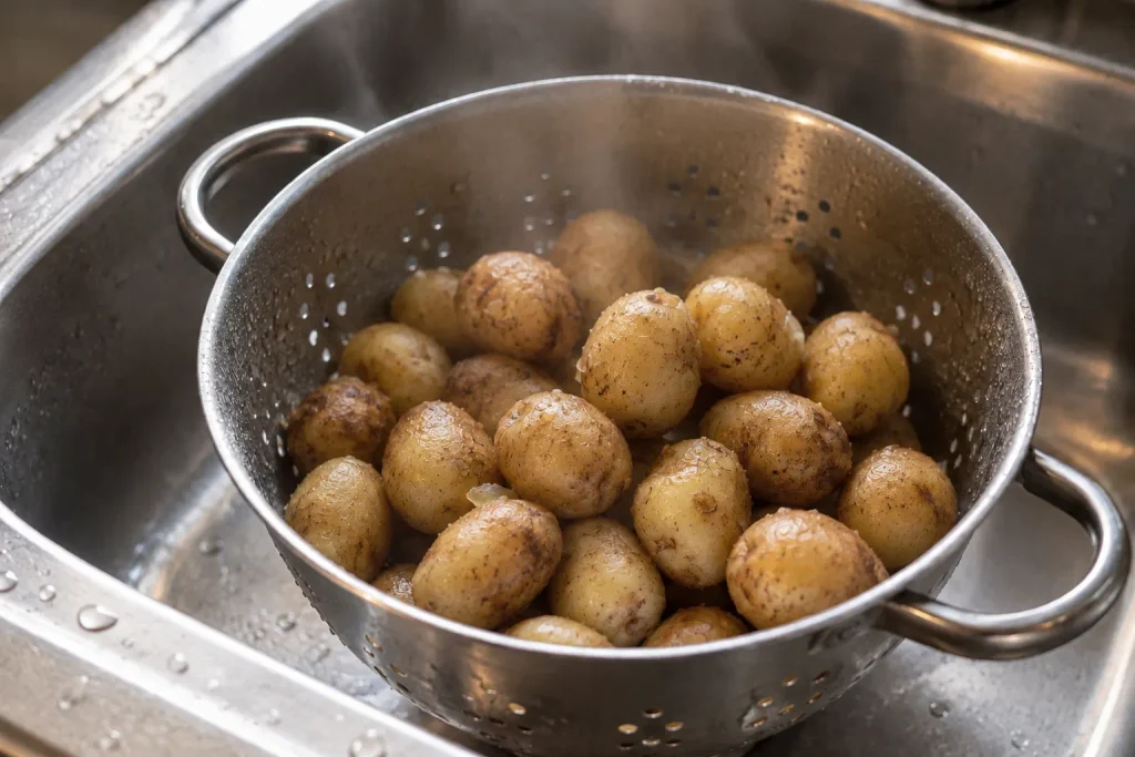 Smashed Potatoes Recipe, 7 Ingredients and Crispy Every Time 3 Boiled potatoes steam drying in a colander before becoming crispy smashed potatoes