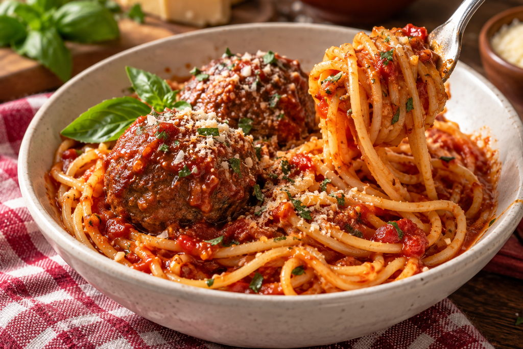 Ground Beef Recipes: 12 Hearty Dinners for Weeknights and Weekends 8 Spaghetti twirled on a fork next to two sauced meatballs