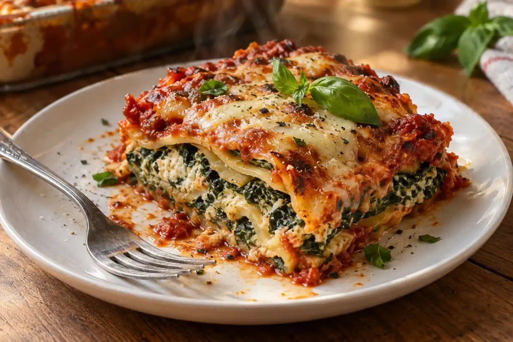Angled view of a spinach ricotta lasagna slice showing green and white layers