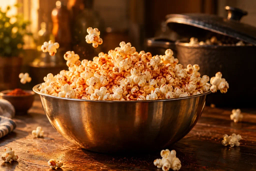 Healthy Snacks: 12 Simple Recipes to Grab Fast or Make Ahead 5 Steel bowl of freshly popped corn dusted with smoked paprika beside a pot with a tilted lid