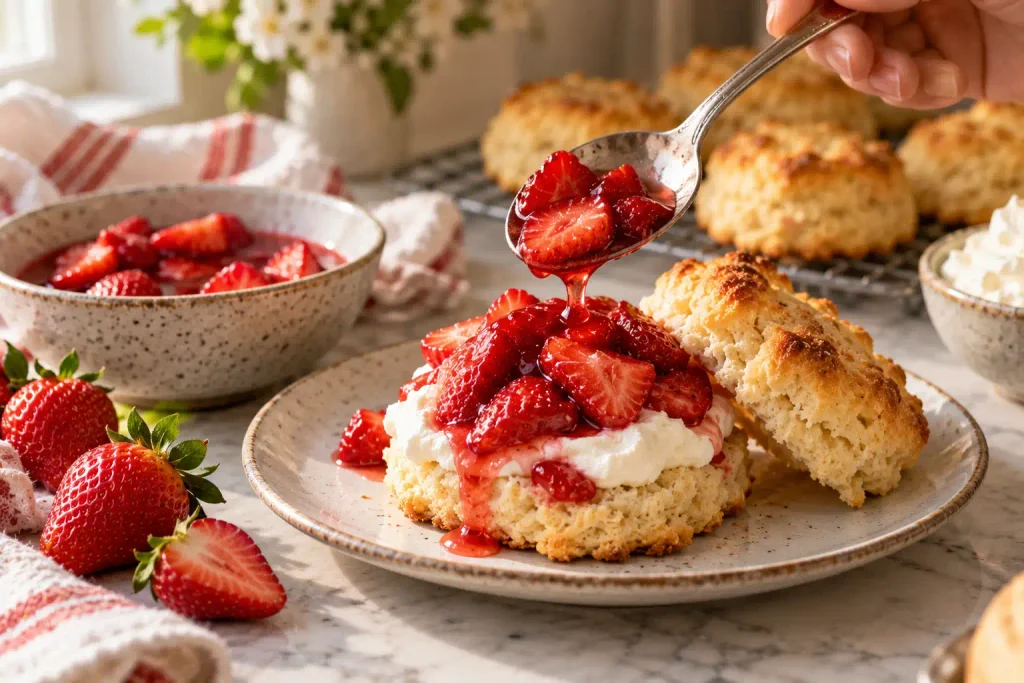 Strawberry Shortcake Recipe: Flaky Biscuits, 6 Ingredients, Real Cream 5 Spooning macerated strawberries over a split biscuit while assembling strawberry shortcake