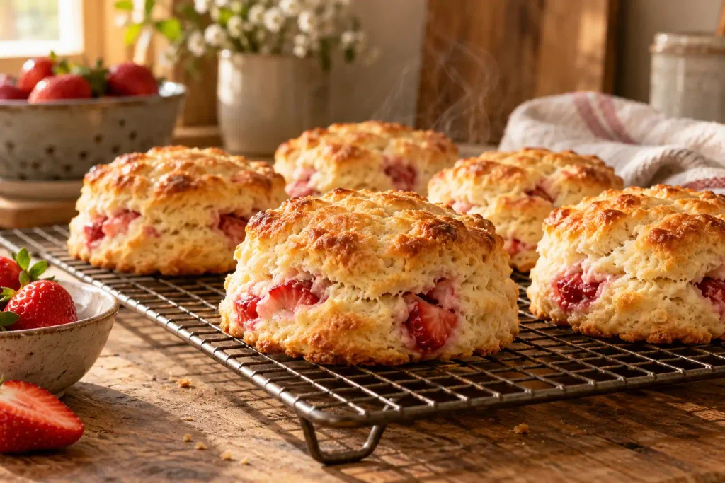 Strawberry Shortcake Recipe: Flaky Biscuits, 6 Ingredients, Real Cream 4 Golden baked strawberry shortcake biscuits cooling on a wire rack