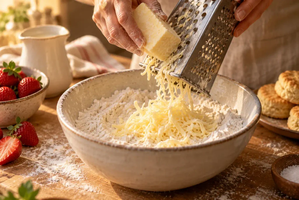 Strawberry Shortcake Recipe: Flaky Biscuits, 6 Ingredients, Real Cream 3 Hands grating frozen butter into flour for homemade strawberry shortcake biscuit dough