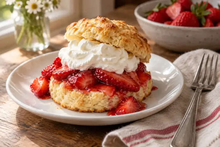 Strawberry Shortcake Recipe: Flaky Biscuits, 6 Ingredients, Real Cream 8 Classic strawberry shortcake with flaky biscuit, sliced berries, and whipped cream on a white plate