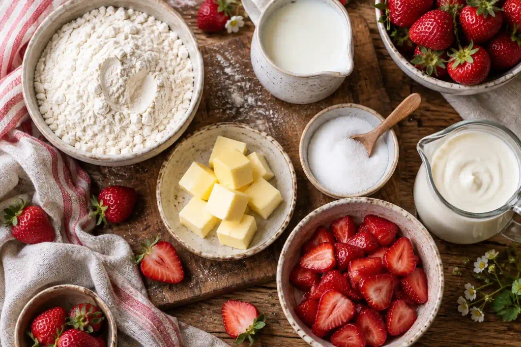 Strawberry Shortcake Recipe: Flaky Biscuits, 6 Ingredients, Real Cream 2 Overhead flat lay of strawberry shortcake ingredients including fresh strawberries and cold butter
