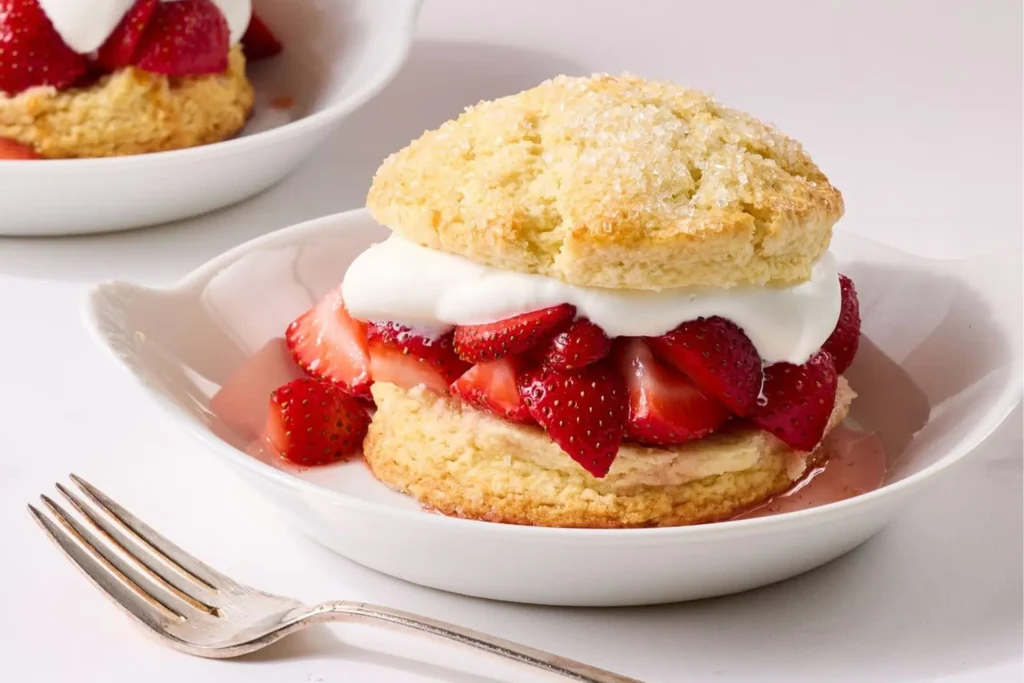 Strawberry Shortcake Recipe: Flaky Biscuits, 6 Ingredients, Real Cream 6 Homemade strawberry shortcake with fresh sliced strawberries and whipped cream between golden biscuits