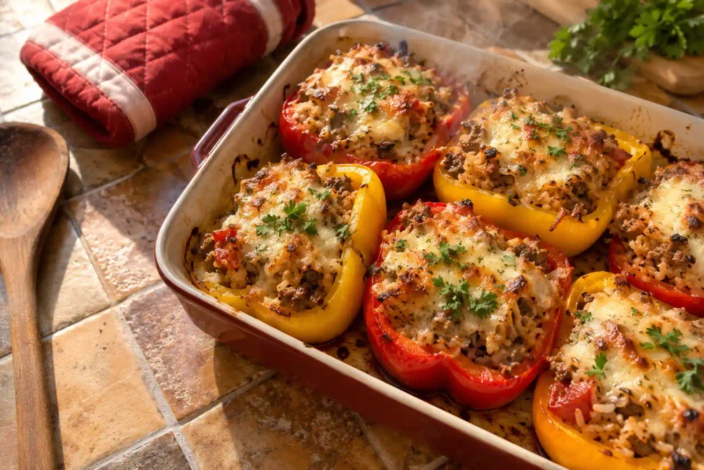 Dinner Ideas: 12 Easy Recipes for Fast Nights and Slow Ones 10 Stuffed bell pepper halves filled with turkey and rice under browned cheese in a baking dish