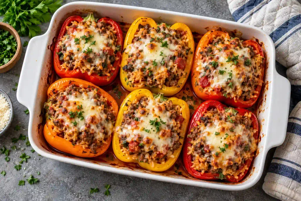 Ground Beef Recipes: 12 Hearty Dinners for Weeknights and Weekends 9 Six halved stuffed bell peppers with melted mozzarella in a baking dish