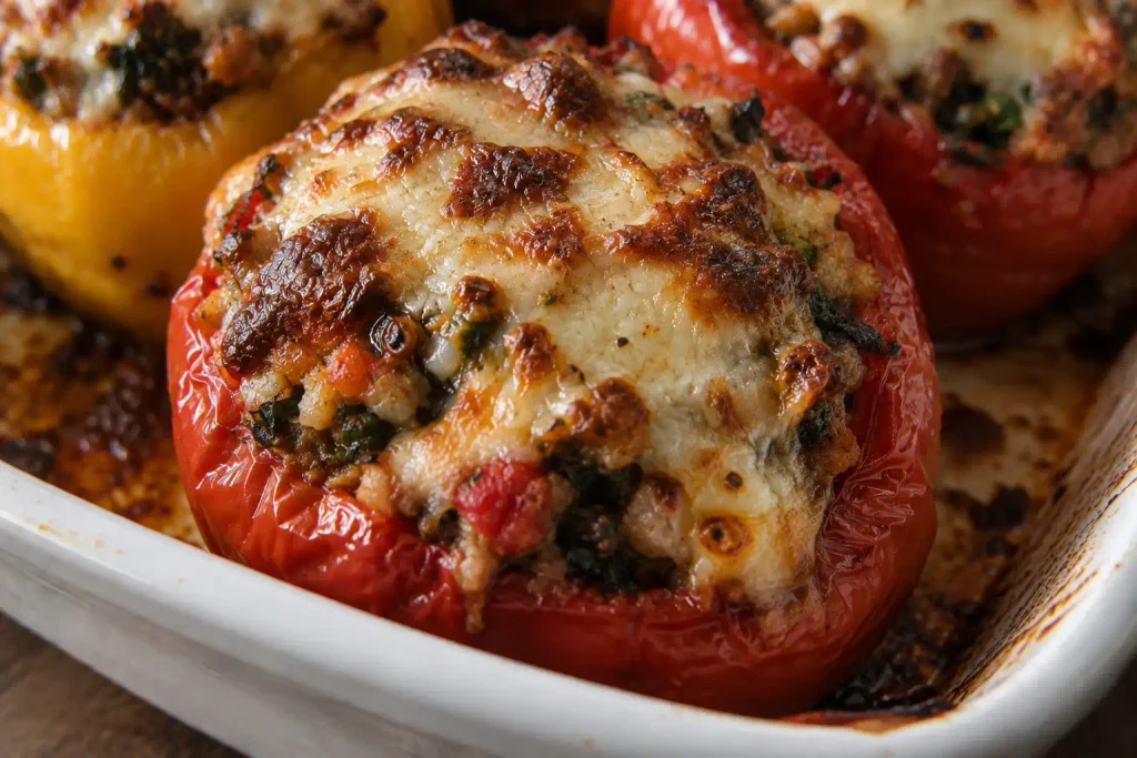 Melted cheese browning on a baked stuffed bell pepper in close up