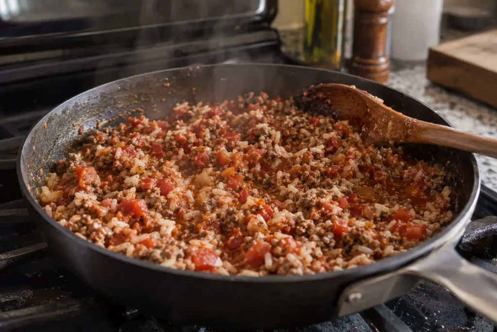 Beef and rice filling simmering in a skillet for stuffed bell peppers