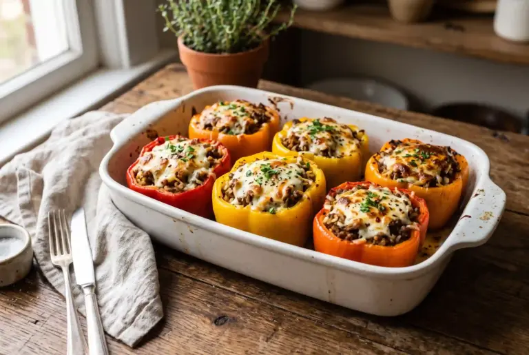 Stuffed Bell Peppers Recipe: Foolproof and Ready in 50 Minutes 3 Baked stuffed bell peppers with melted cheese in a white ceramic dish