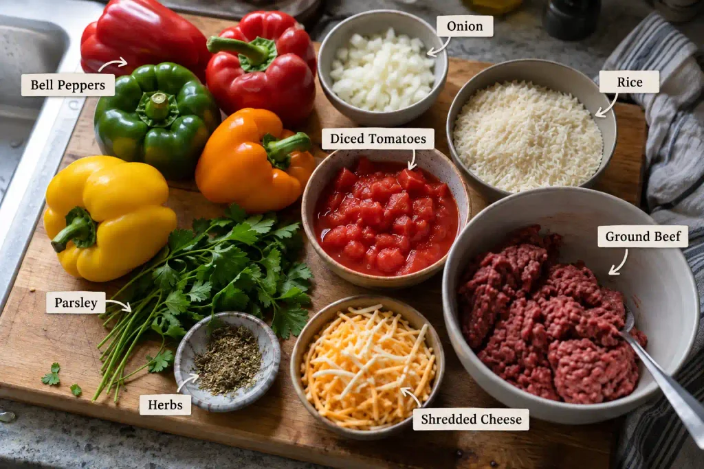 Raw ingredients for stuffed bell peppers arranged on a wooden board