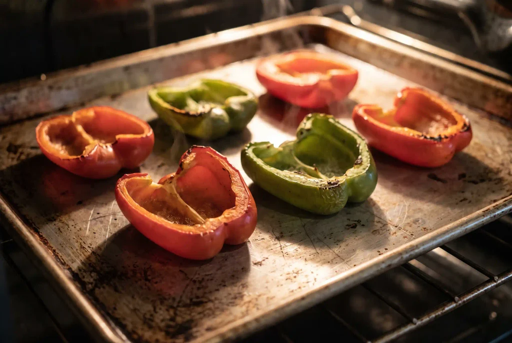 Bell pepper shells roasting cut side down on a metal baking sheet