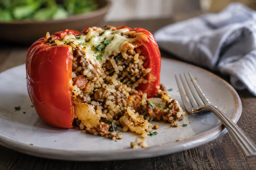 Stuffed bell pepper sliced open on a plate showing the filling inside