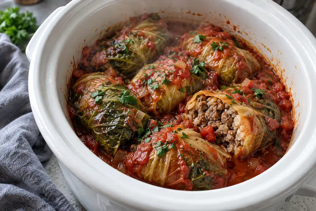 Crockpot Recipes: 12 Hearty Meals That Do the Work While You're Out 10 Cabbage rolls in tomato sauce with one cut open to show the beef and rice filling
