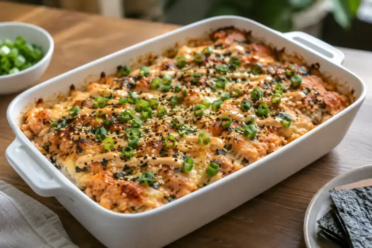 Sushi Bake Recipe: Creamy, 8 Ingredients, and No Rolling Required 2 Baked sushi casserole topped with green onion and sesame seeds in a white dish