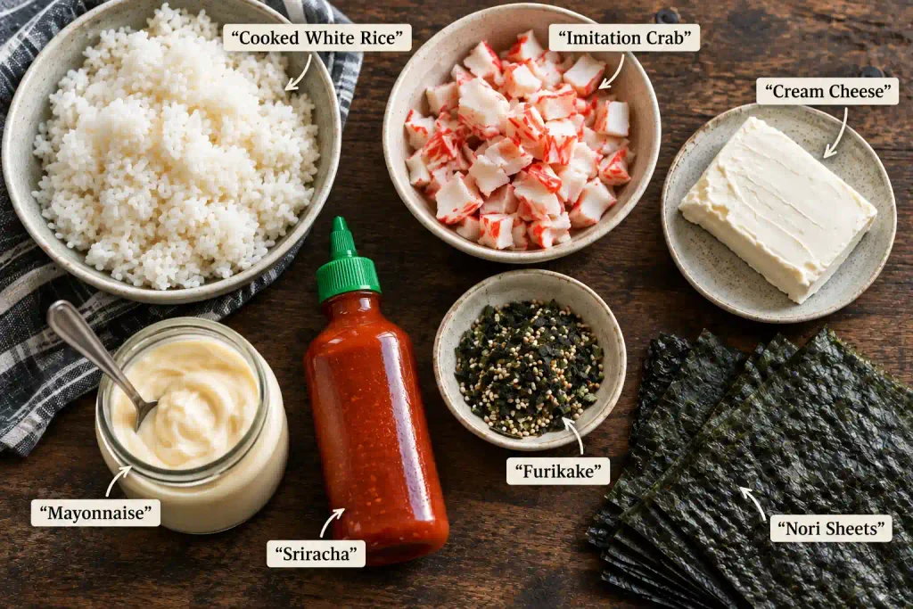 Sushi Bake Recipe: Creamy, 8 Ingredients, and No Rolling Required 3 Raw ingredients for sushi bake recipe arranged on a wood board before cooking