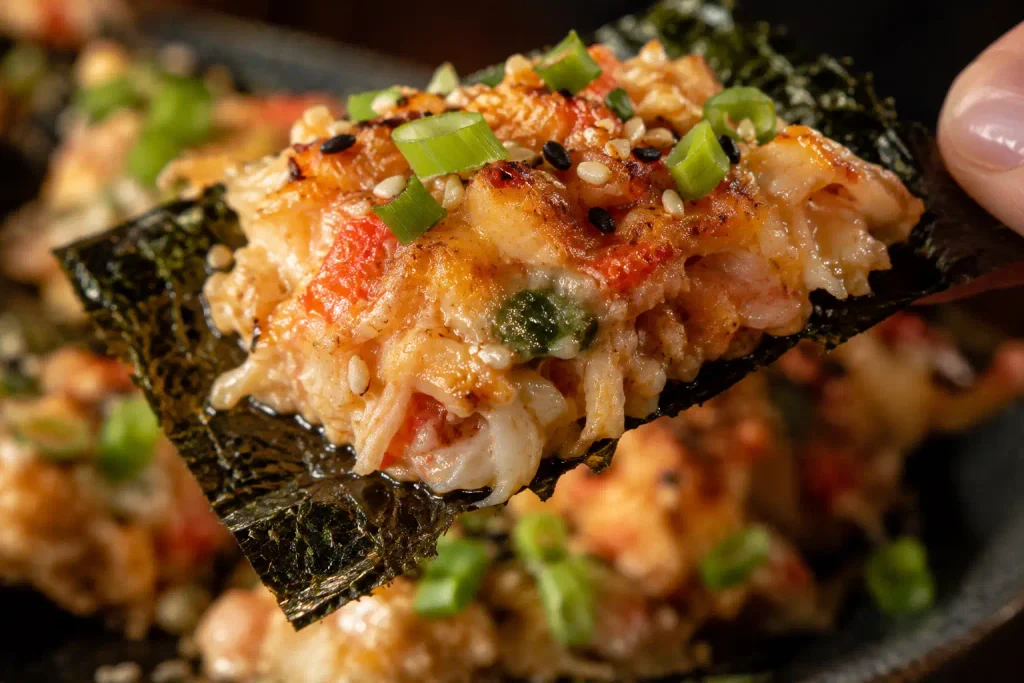 Sushi Bake Recipe: Creamy, 8 Ingredients, and No Rolling Required 7 Loaded nori piece with spicy crab sushi bake ready to eat