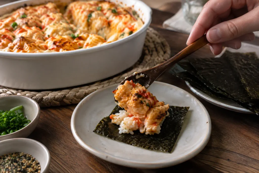 Sushi Bake Recipe: Creamy, 8 Ingredients, and No Rolling Required 6 Scooping sushi bake onto nori sheet for serving