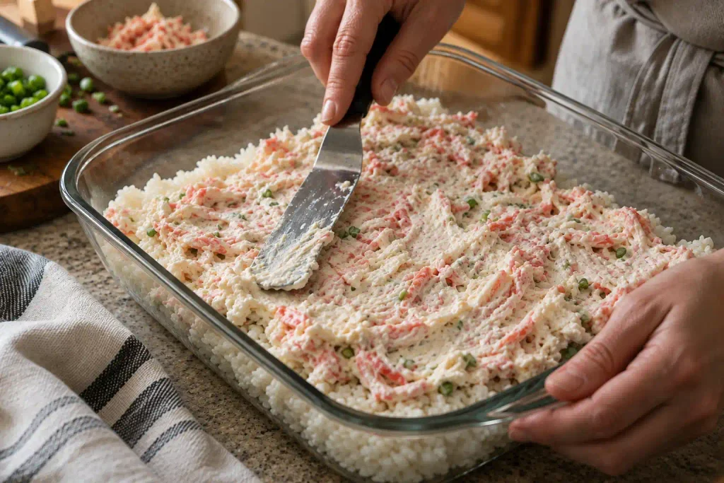 Sushi Bake Recipe: Creamy, 8 Ingredients, and No Rolling Required 4 Spreading spicy crab topping over sushi rice before baking