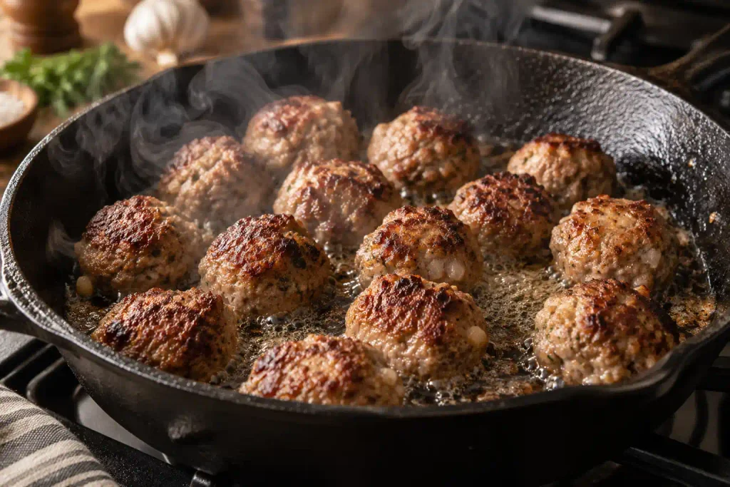 Browning Swedish meatballs in butter inside a cast iron skillet