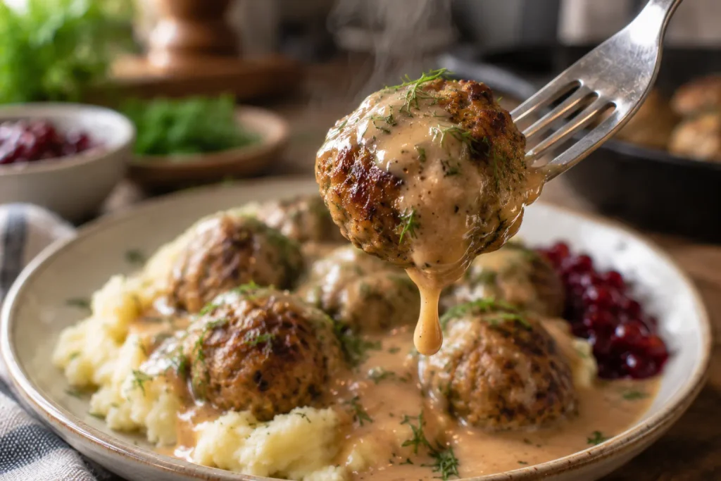 Forkful of Swedish meatball dripping with creamy gravy close up