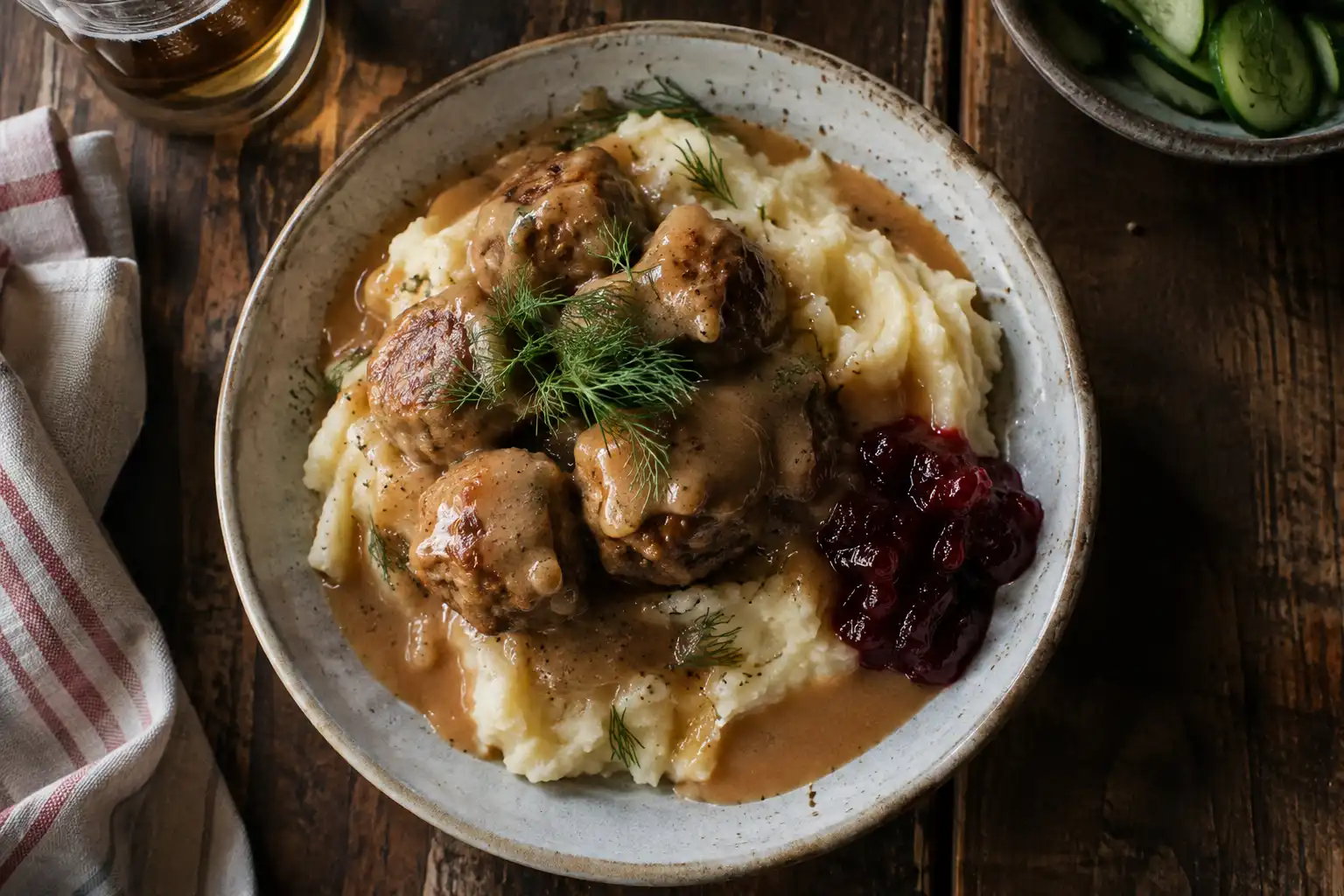 Plate of Swedish meatballs with cream sauce over mashed potatoes and lingonberry jam
