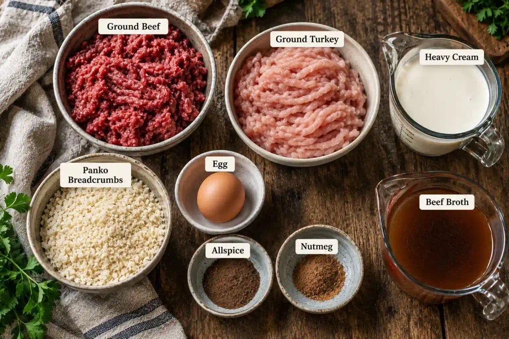 Raw ingredients for Swedish meatball recipe arranged on a linen cloth