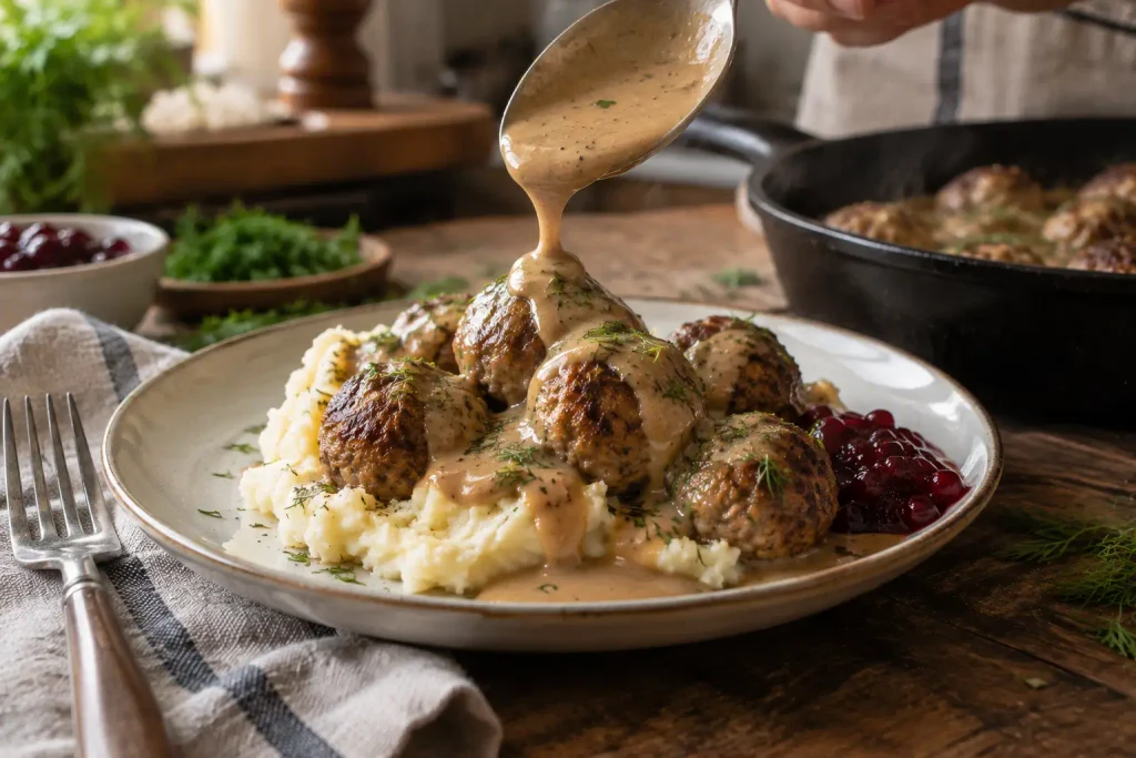 Spooning gravy over a home-plated serving of Swedish meatballs and potatoes