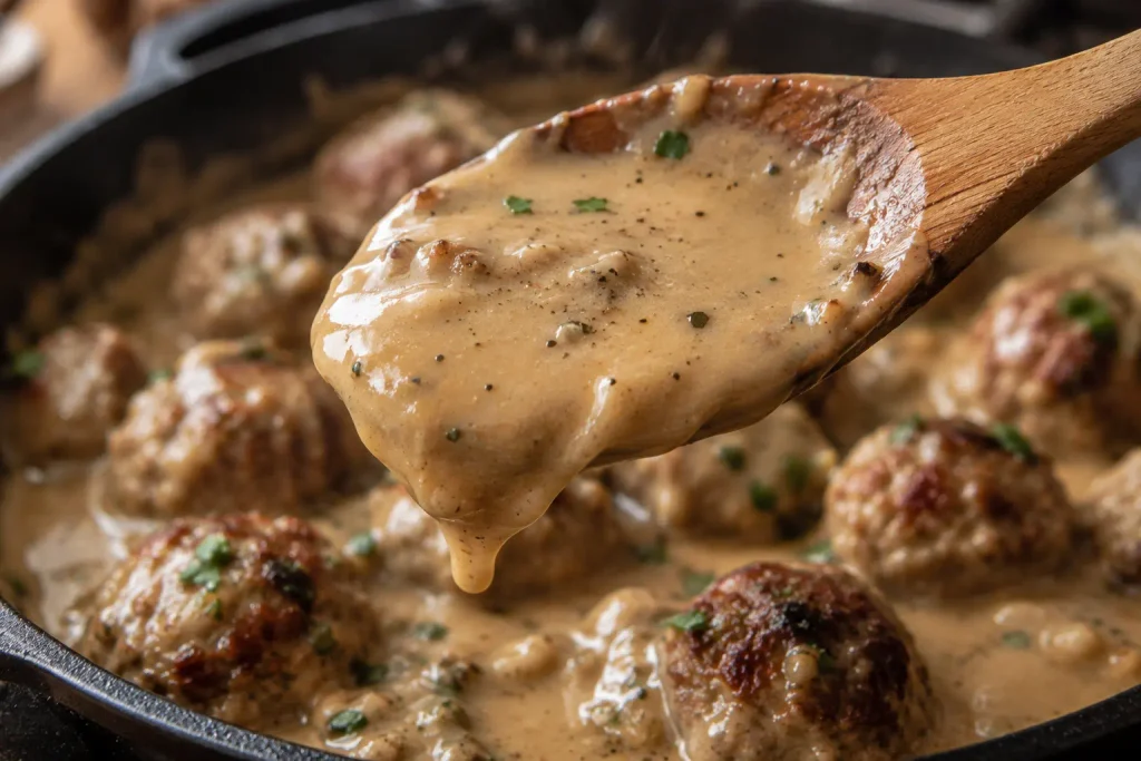 Wooden spoon coated in thick Swedish meatball gravy over the skillet