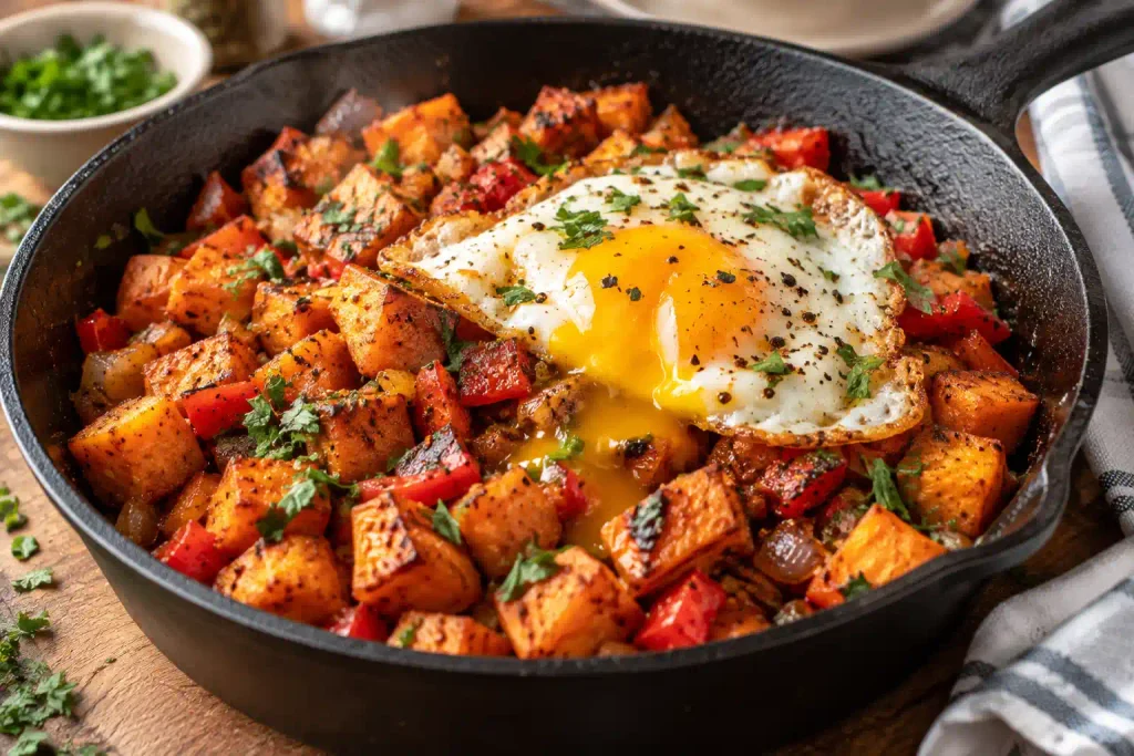 Skillet of sweet potato hash topped with a fried egg