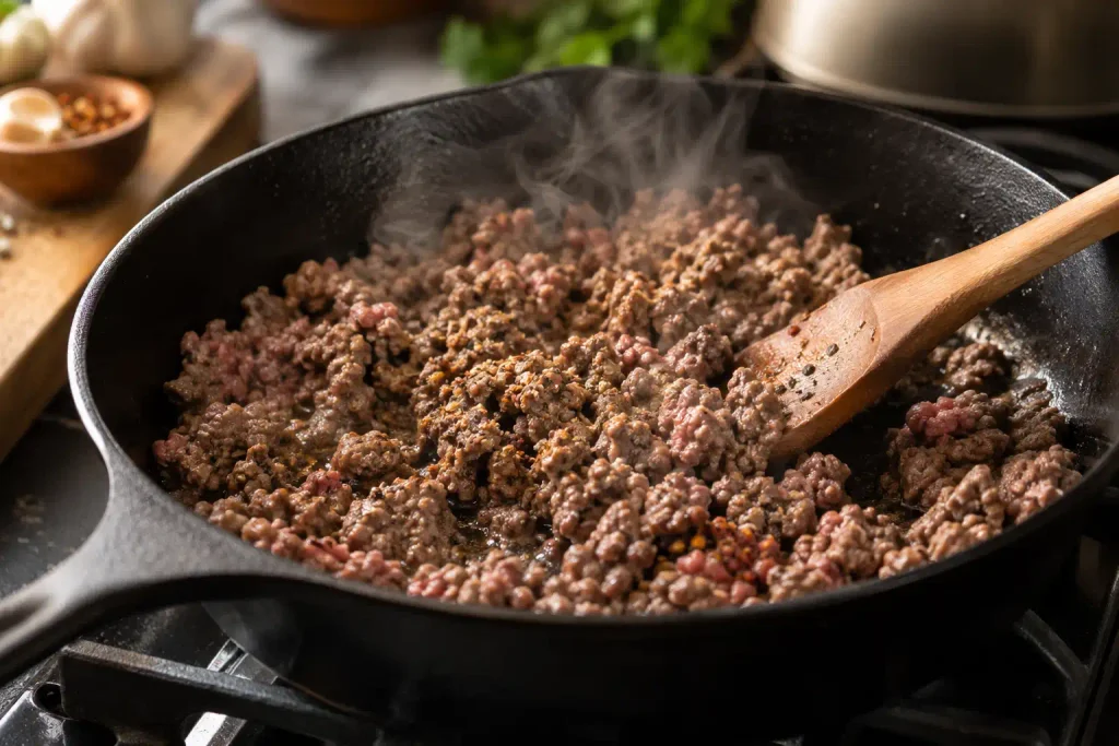 Taco Salad Recipe: Crispy Beef and Cool, Crunchy Layers in 32 Minutes 3 Seasoned ground beef browning in a skillet for taco salad